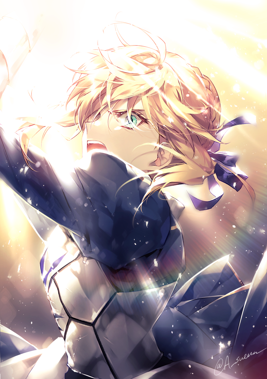 1girl angry aqua_eyes armor artoria_pendragon_(all) blonde_hair braid breastplate commentary_request crown_braid excalibur fate/stay_night fate_(series) h_sueun hair_ribbon highres light_particles light_rays open_mouth ribbon saber signature solo upper_body