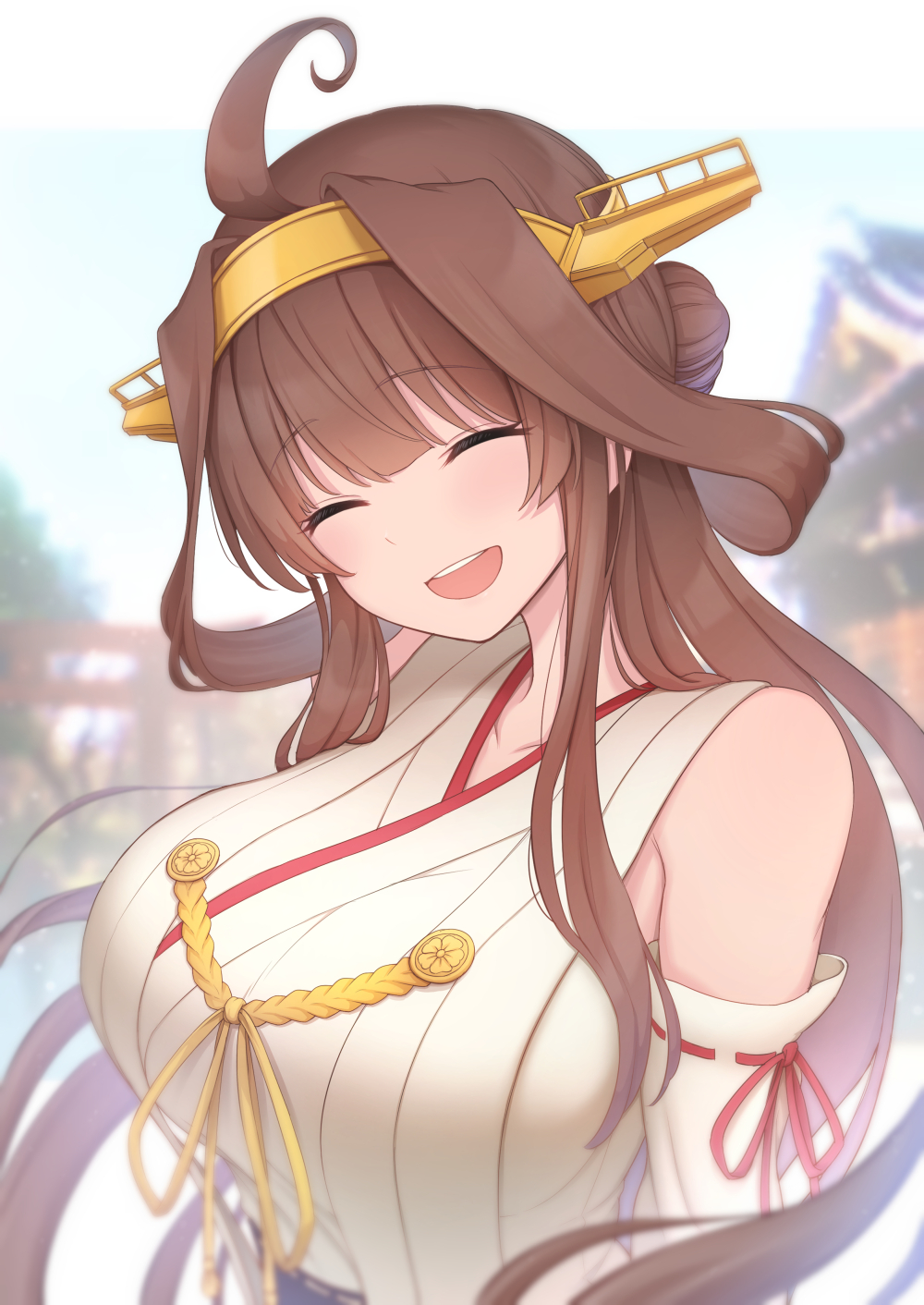 1girl ahoge blurry breasts brown_hair closed_eyes depth_of_field detached_sleeves double_bun hairband headgear highres japanese_clothes kantai_collection kongou_(kantai_collection) large_breasts long_hair open_mouth otonari ribbon-trimmed_sleeves ribbon_trim smile solo upper_body upper_teeth