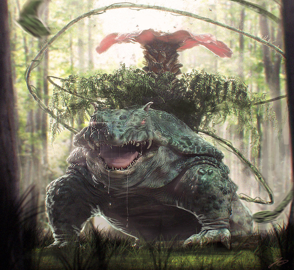 creatures_(company) day flower forest game_freak gen_1_pokemon grass nature nintendo no_humans plant pokemon pokemon_(creature) realistic red_eyes saliva sunlight trees venusaur vines yuuki_morita