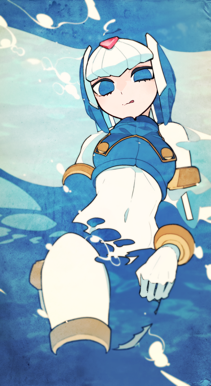 1girl :q android blue_eyes blue_hair blue_theme bodysuit boots bracelet breasts closed_mouth gloves head_tilt helmet highres jewelry kuroi_moyamoya leviathan_(rockman) licking_lips looking_at_viewer navel ocean robot rockman rockman_zero smile solo standing thigh_boots thighhighs tongue tongue_out
