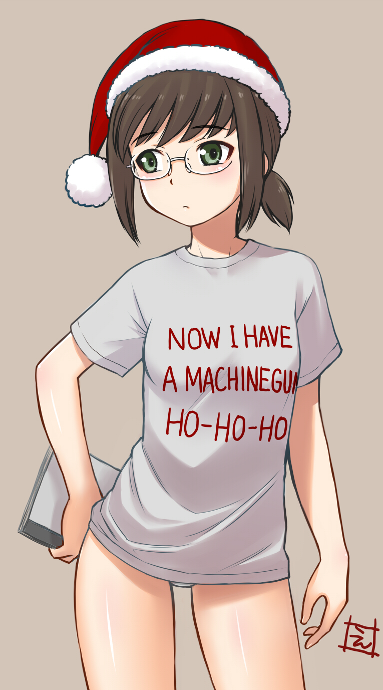 1girl alternate_costume bangs bespectacled breasts christmas clothes_writing die_hard ebifly eyebrows_visible_through_hair fubuki_(kantai_collection) glasses green_eyes hat highres holding kantai_collection low_ponytail panties ponytail santa_hat shirt short_ponytail short_sleeves signature simple_background small_breasts solo t-shirt underwear white_panties white_shirt