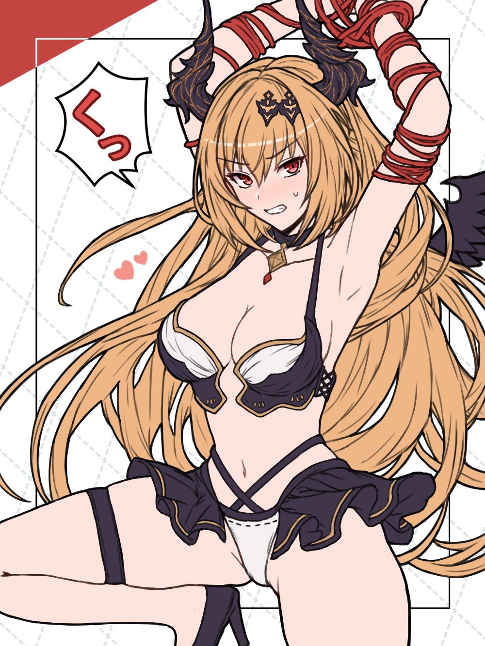 1girl armpits arms_behind_head arms_up bangs bare_shoulders bikini black_bikini blush breasts cleavage clenched_teeth collarbone dark_angel_olivia granblue_fantasy high_heels highres horns large_breasts ll_0109 long_hair looking_at_viewer navel orange_hair red_eyes rope swimsuit teeth thighs white_bikini wings