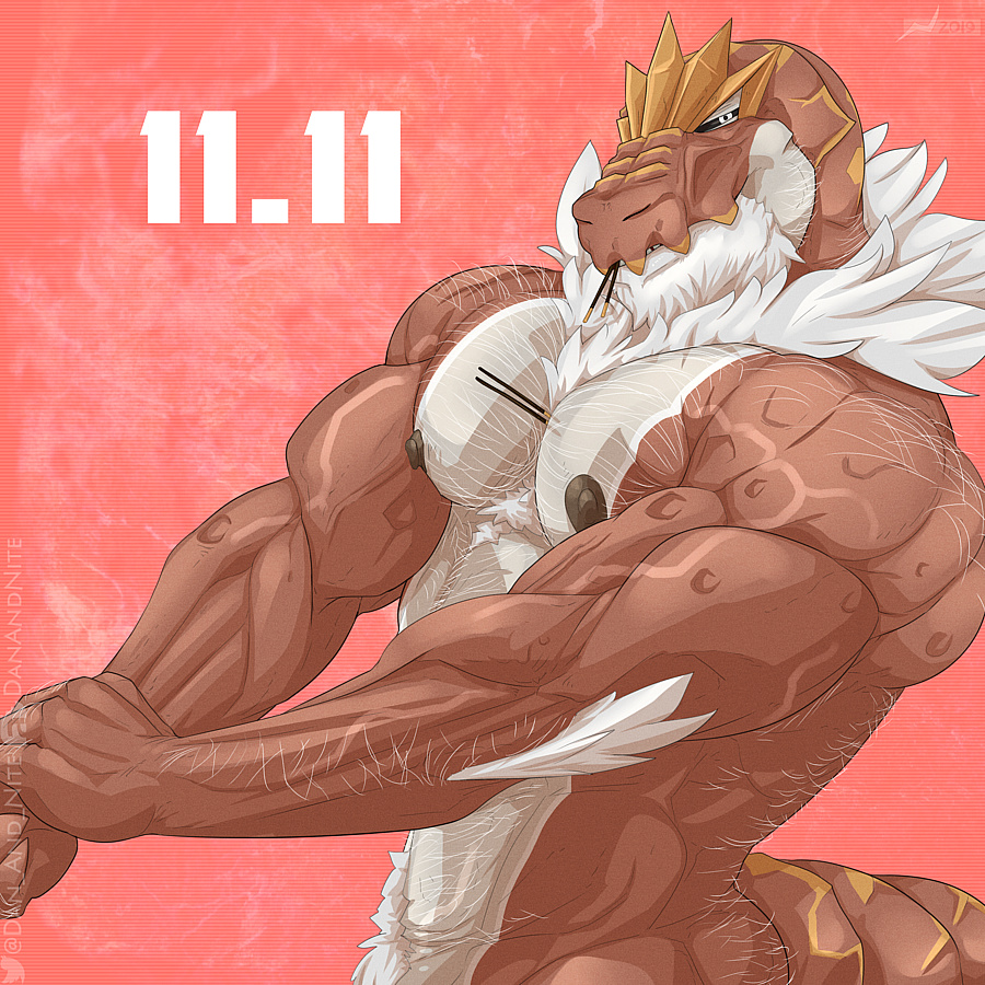 1:1 2019 anthro armpit_hair barazoku beard body_hair candy chest_hair danandnite dated dessert facial_hair flexing food fossil_pok&eacute;mon looking_at_viewer male mature_male muscular muscular_anthro muscular_male neck_tuft nintendo nipples nude number pocky pocky_day pok&eacute;mon pok&eacute;mon_(species) red_background scalie simple_background solo tuft tyrantrum video_games