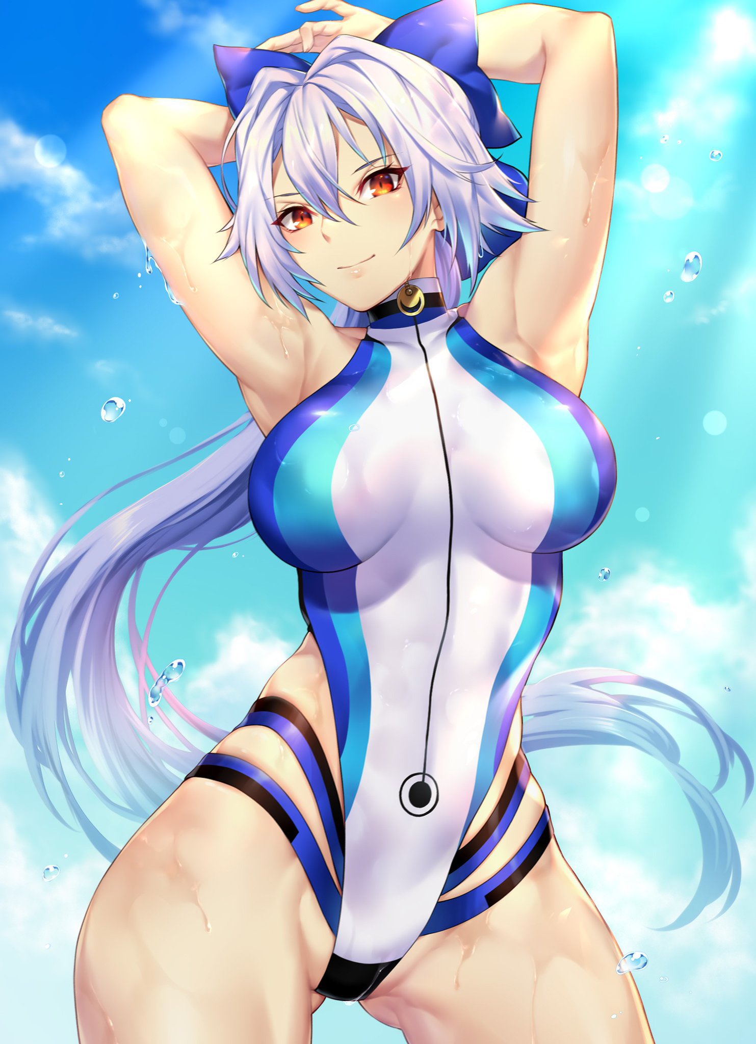 1girl armpits arms_behind_head arms_up bangs blue_bow blue_sky blue_swimsuit blush bow breasts fate/grand_order fate_(series) hair_between_eyes hair_bow highleg highleg_swimsuit highres large_breasts long_hair looking_at_viewer nasaniliu one-piece_swimsuit ponytail red_eyes revision silver_hair sky smile swimsuit thighs tomoe_gozen_(fate/grand_order) tomoe_gozen_(swimsuit_saber)_(fate) two-tone_swimsuit white_swimsuit