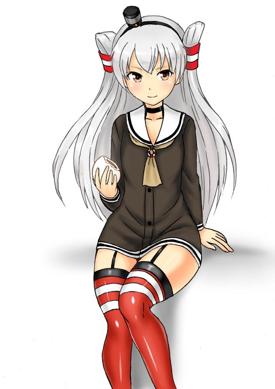 1girl amatsukaze_(kantai_collection) baozi brown_dress commentary_request dress feet_out_of_frame food garter_straps grey_neckwear hair_tubes hat kantai_collection kudou_(ooabareteng) lifebuoy_ornament long_hair mini_hat neckerchief red_legwear sailor_dress short_dress silver_hair simple_background sitting smokestack_hair_ornament solo striped striped_legwear thighhighs two_side_up white_background windsock