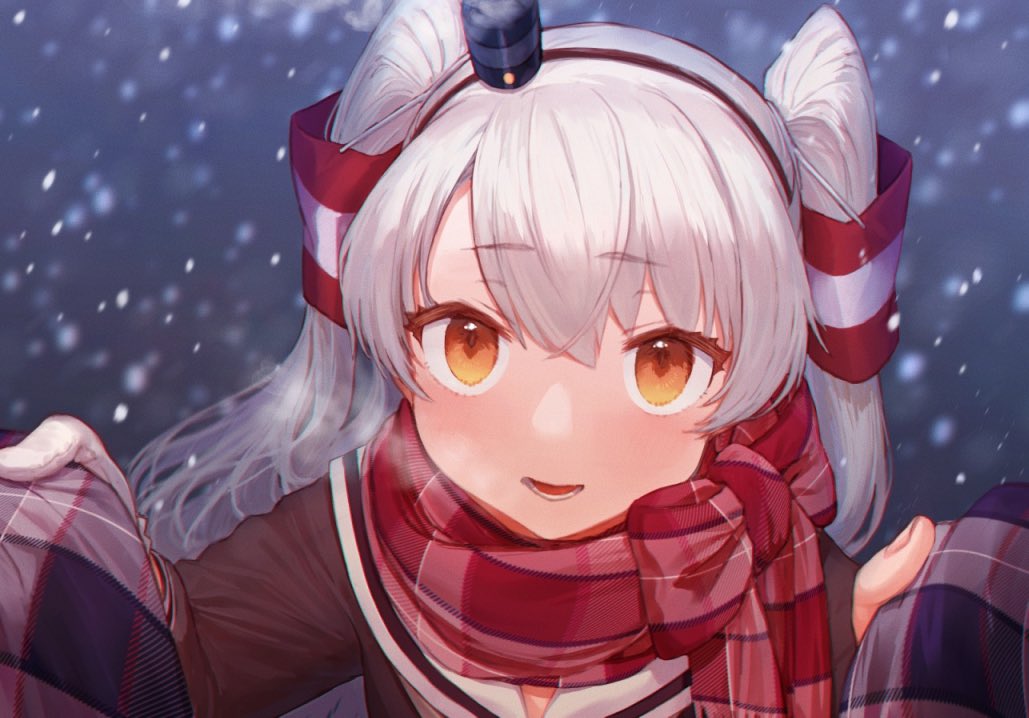 1girl amatsukaze_(kantai_collection) bangs black_dress blush breath dress eyebrows_visible_through_hair gloves hair_tubes kantai_collection long_hair long_sleeves looking_at_viewer open_mouth orange_eyes outdoors plaid plaid_scarf red_scarf sailor_collar sailor_dress scarf silver_hair single_glove snowing solo two_side_up white_gloves yoshino_ns