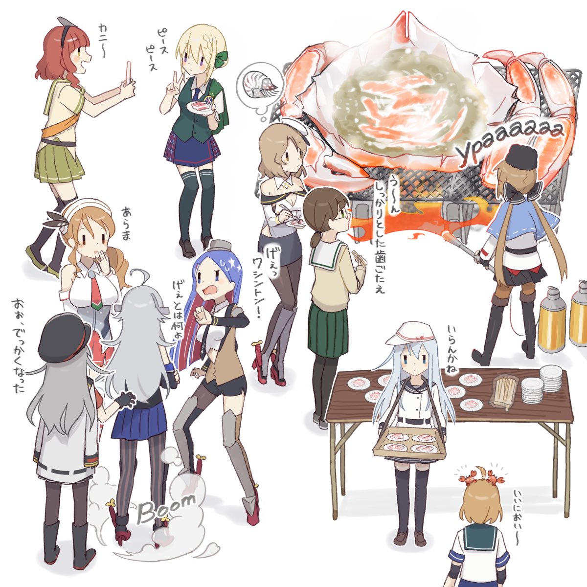 6+girls abyssal_ship ahoge beige_cardigan black_footwear black_jacket black_legwear black_sailor_collar black_skirt blonde_hair blue_hair blue_skirt boots brown_hair brown_jacket brown_legwear c2-chan c2_kikan cardigan commentary_request crab crab_on_head de_ruyter_(kantai_collection) flamethrower full_body gangut_(kantai_collection) green_legwear green_skirt green_vest grey_hair grill hibiki_(kantai_collection) highres houston_(kantai_collection) jacket kantai_collection lifting littorio_(kantai_collection) long_hair low_twintails multiple_girls necktie oboro_(kantai_collection) pantyhose pencil_skirt perth_(kantai_collection) phone plate pleated_skirt red_skirt sailor_collar school_uniform self_shot serafuku silver_hair simple_background skirt south_dakota_(kantai_collection) standing table tashkent_(kantai_collection) thighhighs translation_request twintails v verniy_(kantai_collection) vest washington_(kantai_collection) weapon white_background white_sailor_collar yamashichi_(mtseven)