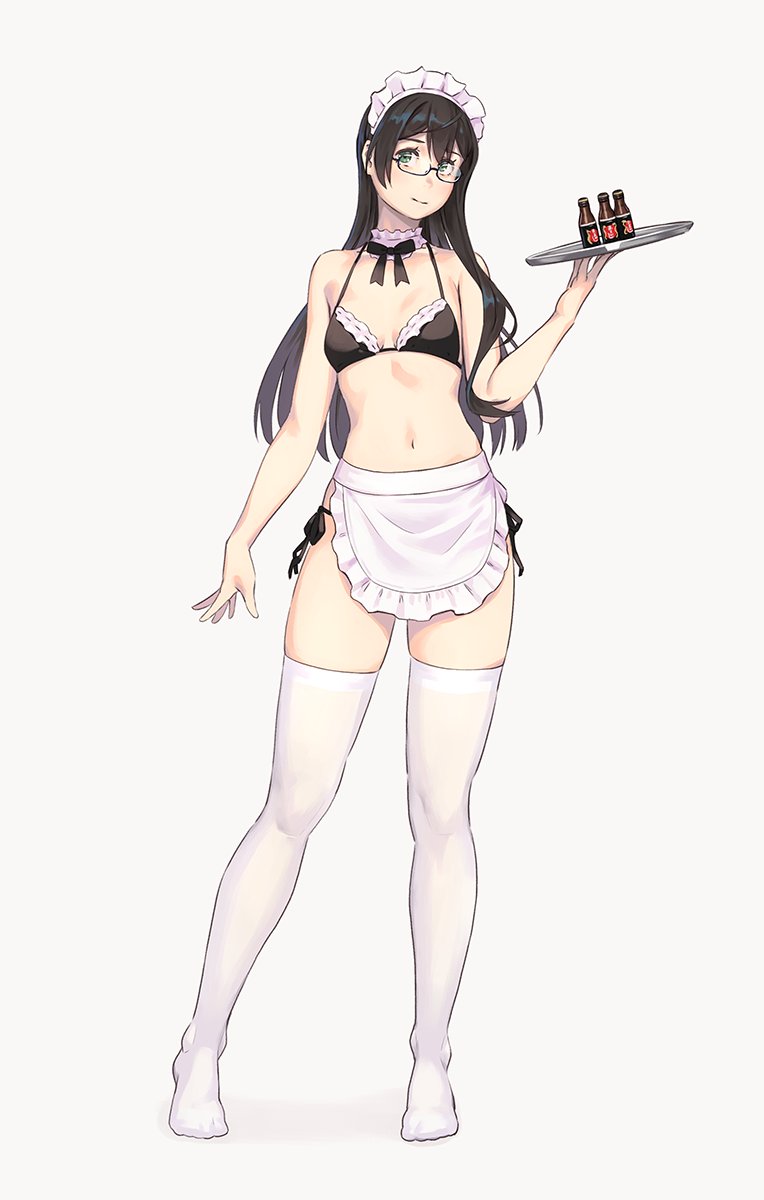 1girl alternate_costume apron bangs bare_shoulders bikini black-framed_eyewear black_bikini black_hair blue_eyes blush breasts choker closed_mouth collarbone commentary_request detached_collar eyebrows_visible_through_hair frilled_bikini frilled_choker frills full_body glasses grey_background hair_between_eyes highres holding holding_tray kantai_collection long_hair looking_at_viewer maid_bikini maid_headdress navel ooyodo_(kantai_collection) semi-rimless_eyewear side-tie_bikini simple_background skindentation small_breasts smile solo standing swimsuit tabard thighhighs tray under-rim_eyewear waist_apron white_apron white_background white_legwear yuuji_(and)