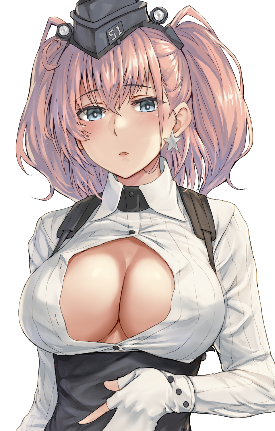1girl atlanta_(kantai_collection) black_headwear black_skirt breasts brown_hair buttons cleavage collared_shirt earrings eyebrows_visible_through_hair garrison_cap gloves grey_eyes hat high-waist_skirt highres jewelry kantai_collection kokuzou large_breasts long_hair long_sleeves partially_fingerless_gloves shirt simple_background single_earring skirt solo star_(symbol) star_earrings suspender_skirt suspenders two_side_up upper_body white_background white_gloves white_shirt