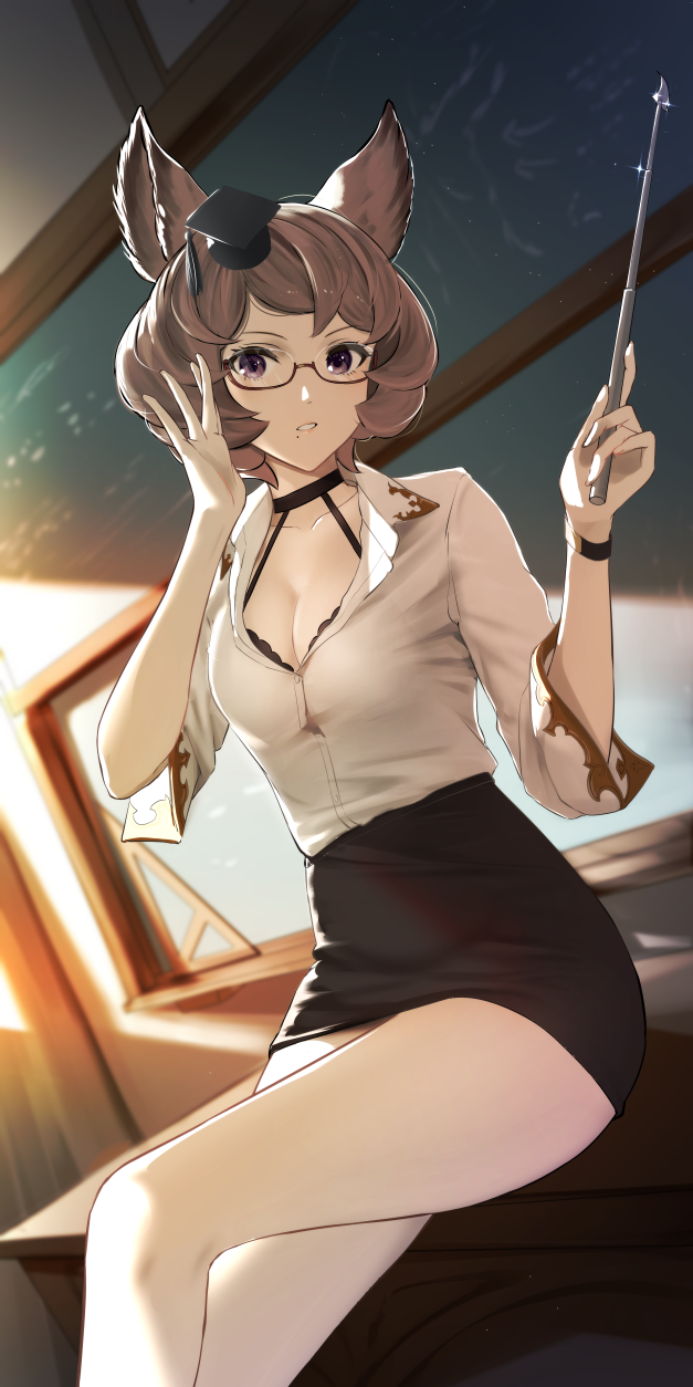 1girl aiu_eo animal_ears black-framed_eyewear black_bra black_headwear black_skirt bra bra_peek breasts brown_hair chalkboard classroom cleavage collarbone collared_shirt erune glasses glint granblue_fantasy grey_shirt hat highres holding holding_pointer long_sleeves looking_at_viewer medium_breasts mini_hat miniskirt mole mole_under_mouth mortarboard parted_lips pencil_skirt pointer purple_eyes semi-rimless_eyewear shirt short_hair sitting sitting_on_table skirt solo sutera_(granblue_fantasy) teacher thighs under-rim_eyewear underwear wooden_table