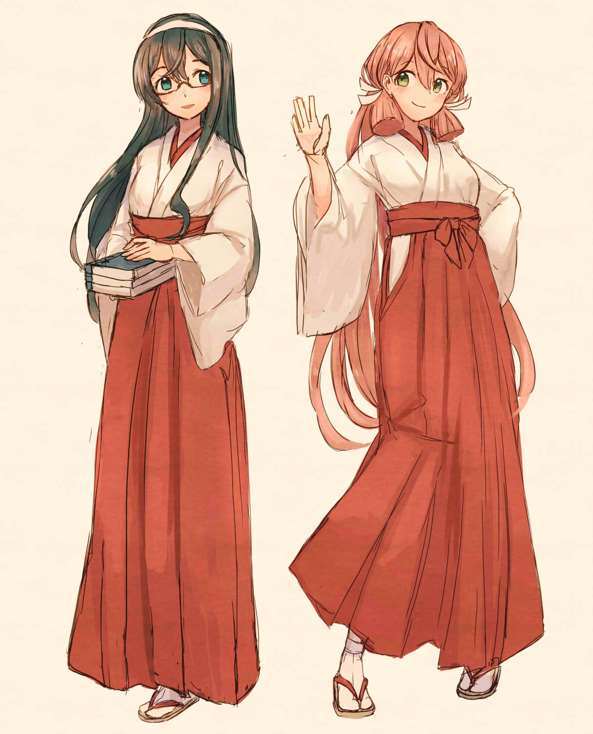 2girls akashi_(kantai_collection) black_hair blunt_tresses book commentary_request full_body glasses green_eyes grey_background hair_ribbon hairband hakama highres japanese_clothes kantai_collection long_hair matching_outfit miko multiple_girls ooyodo_(kantai_collection) pink_hair red_hakama ribbon sandals semi-rimless_eyewear simple_background standing tress_ribbon under-rim_eyewear waving white_hairband wss_(nicoseiga19993411)