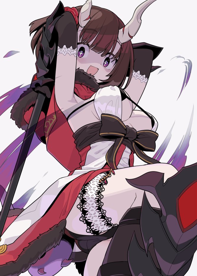 +_+ 1girl armor arms_up bangs black_bra bra breasts broken_horn brown_hair capelet detached_sleeves eriko_(princess_connect!) eyebrows_visible_through_hair fur-trimmed_capelet fur_trim garters grey_background holding holding_weapon horns large_breasts leg_garter monaka_ooji open_mouth princess_connect! princess_connect!_re:dive purple_eyes short_hair simple_background solo spiked_tail spikes tail underwear weapon