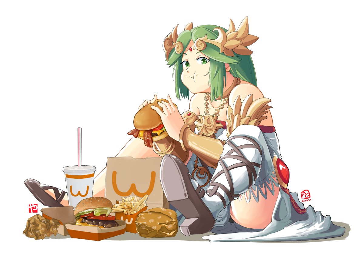 1girl automatic_giraffe breasts dress eating food forehead_jewel french_fries green_eyes green_hair hamburger high_heels jewelry kid_icarus laurel_crown long_hair looking_at_viewer palutena pendant sandals single_thighhigh sitting sitting_on_floor solo strapless strapless_dress studiolg thighhighs vambraces white_legwear