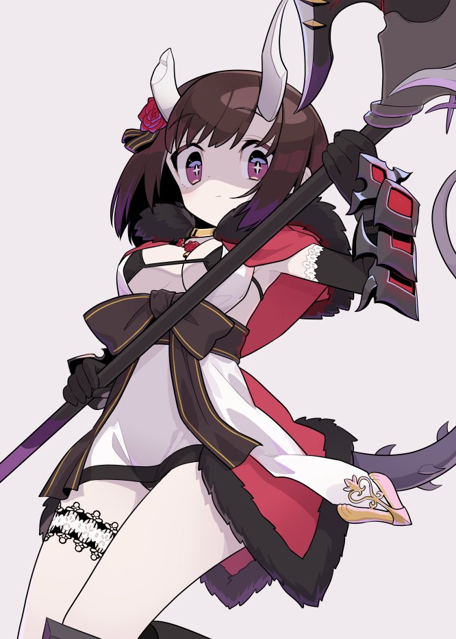 +_+ 1girl armor axe bangs battle_axe black_bra black_gloves bra breasts broken_horn brown_hair capelet eriko_(princess_connect!) eyebrows_visible_through_hair flower fur-trimmed_capelet fur_trim garters gloves grey_background hair_flower hair_ornament holding holding_weapon horns large_breasts leg_garter looking_at_viewer monaka_ooji princess_connect! princess_connect!_re:dive purple_eyes red_flower red_rose rose shaded_face short_hair simple_background solo spiked_tail spikes tail underwear weapon