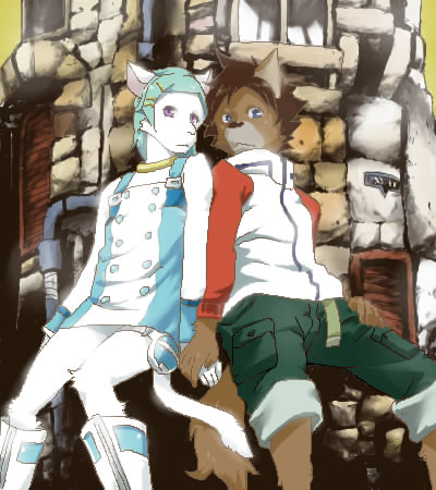 2005 anthro bottomwear brown_body brown_fur brown_hair clothing duo eureka eureka_7 felid feline fur hair hand_holding humanoid_hands low_res male mammal renton_thurston shorts sitting unknown_artist white_body white_fur