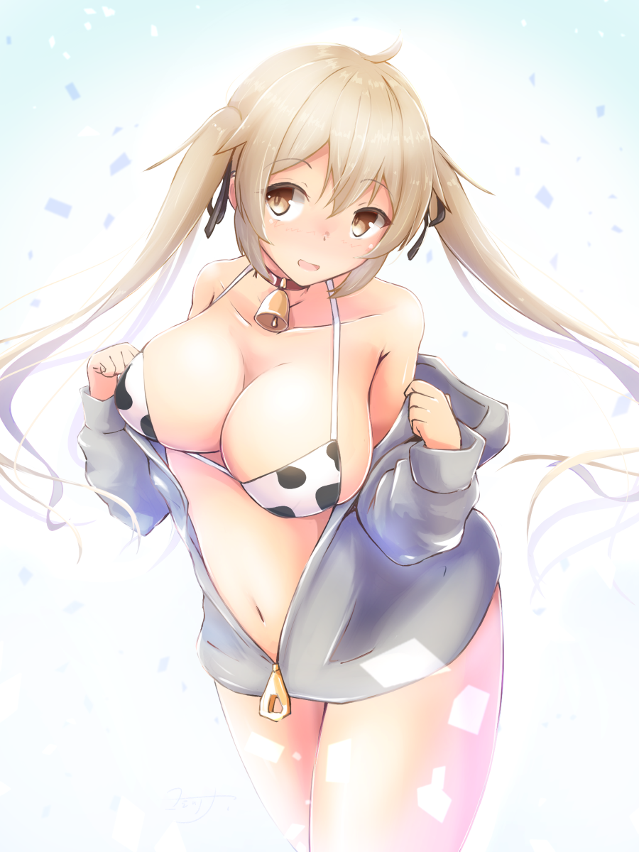 1girl animal_print bell bikini bikini_under_clothes breasts brown_eyes commentary_request cow_print cowbell cowboy_shot gradient gradient_background highres jacket kantai_collection large_breasts light_brown_hair long_hair looking_at_viewer murasame_(kantai_collection) open_clothes open_jacket solo swimsuit swimsuit_under_clothes twintails white_bikini white_jacket yomitsuna