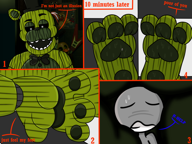 2018 3_toes 4:3 :d ambiguous_gender animatronic anonymous anthro avian bald barefoot beak big_feet bird black_eyes black_nose blue_body blush bodily_fluids bonnie_(fnaf) bow_tie box brown_body checkered_floor chica_(fnaf) chicken clenched_teeth close-up clothing comic crush dialogue doorway duo english_text faceless_ambiguous faceless_character feet five_nights_at_freddy's five_nights_at_freddy's_2 five_nights_at_freddy's_3 foot_fetish foot_focus freddy_(fnaf) galliform gallus_(genus) ghost green_body green_ears green_feet grey_body grey_skin guitar half-closed_eyes hat headgear headwear humanoid humanoid_on_anthro inside lagomorph leporid long_ears looking_down machine male male/ambiguous mammal musical_instrument narrowed_eyes nude office on_ground open_mouth orange_beak pawpads paws phantom_freddy_(fnaf) phasianid plucked_string_instrument poster rabbit robot round_ears sitting smashcuenta123 smile spirit squish string_instrument sweat sweaty_feet teeth text toes top_hat toy_chica_(fnaf) ursid video_games wire yellow_body