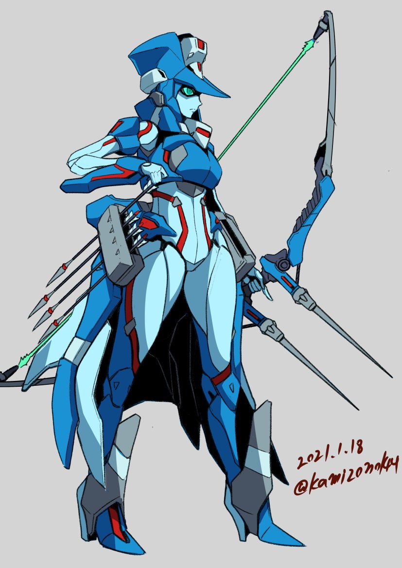 1girl arrow_(projectile) autobot blue_eyes bow_(weapon) breasts chromia dated from_side grey_background holding holding_arrow holding_bow_(weapon) holding_weapon kamizono_(spookyhouse) looking_to_the_side mecha medium_breasts no_humans science_fiction solo transformers weapon