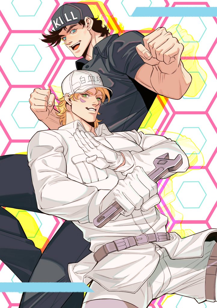 2boys baseball_cap battle_tendency belt black_headwear black_pants black_shirt blonde_hair blue_eyes breast_pocket brown_hair caesar_anthonio_zeppeli chinese_commentary clenched_hand clenched_hands colored_shadow commentary_request cosplay dress_shirt facial_mark gloves green_eyes hand_up hands_up hat hataraku_saibou holding holding_wrench honeycomb_(pattern) honeycomb_background jojo_no_kimyou_na_bouken joseph_joestar_(young) killer_t_(hataraku_saibou) killer_t_(hataraku_saibou)_(cosplay) long_sleeves looking_at_viewer male_focus multiple_boys outstretched_arm pants pocket shadow shirt short_hair short_sleeves smile spadelake thigh_strap white_blood_cell_(hataraku_saibou) white_blood_cell_(hataraku_saibou)_(cosplay) white_gloves white_headwear white_pants white_shirt wrench