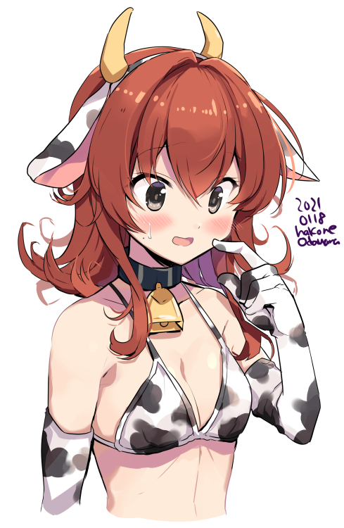 1girl ahoge animal_ears animal_print arashi_(kantai_collection) artist_name bikini bikini_top breasts commentary_request cow_ears cow_horns cow_print dated elbow_gloves fake_animal_ears fake_horns gloves grey_eyes horns kantai_collection medium_hair odawara_hakone red_hair simple_background small_breasts solo swimsuit white_background white_bikini white_gloves