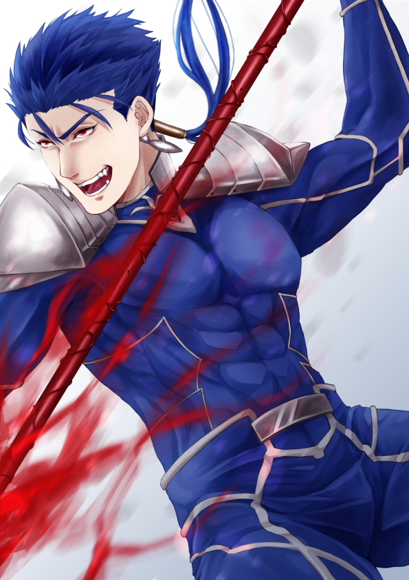 1boy abs armor beads blue_hair bodysuit bulge cu_chulainn_(fate)_(all) earrings fang fate/stay_night fate_(series) fighting_stance floating_hair gae_bolg hair_beads hair_ornament holding holding_polearm holding_weapon jewelry lancer long_hair looking_to_the_side male_focus muscular open_mouth pauldrons pectorals polearm ponytail red_eyes shoulder_armor simple_background skin_tight solo spiked_hair type-moon weapon yanaki_(ynyaan_3)