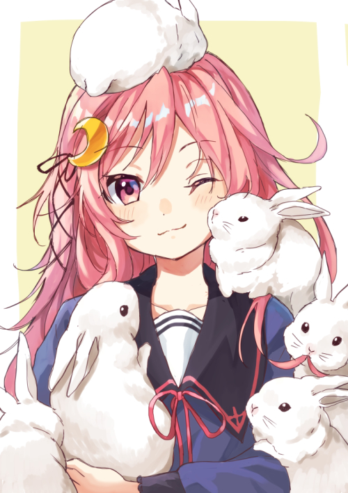 1girl ahoge animal_on_head black_sailor_collar blue_shirt bunny bunny_on_head commentary_request commission crescent crescent_hair_ornament hair_ornament hair_ribbon kantai_collection long_hair looking_at_viewer mitsuyo_(mituyo324) on_head one_eye_closed pink_hair red_eyes ribbon sailor_collar school_uniform serafuku shirt too_many too_many_bunnies upper_body uzuki_(kantai_collection)