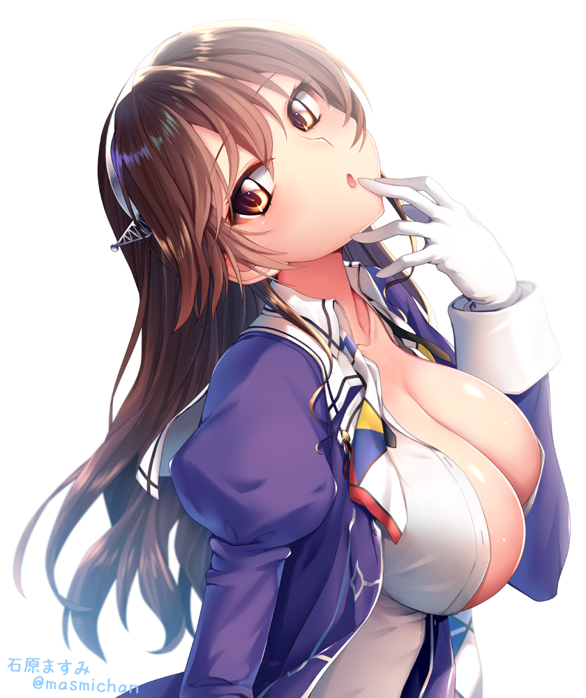 1girl artist_name ashigara_(kantai_collection) breasts brown_eyes brown_hair cleavage commentary_request cover cover_page doujin_cover gloves hairband head_tilt horned_headwear ishihara_masumi juliet_sleeves kantai_collection large_breasts long_hair long_sleeves looking_at_viewer open_clothes open_shirt puffy_sleeves remodel_(kantai_collection) shirt simple_background solo twitter_username uniform upper_body white_background white_gloves white_shirt