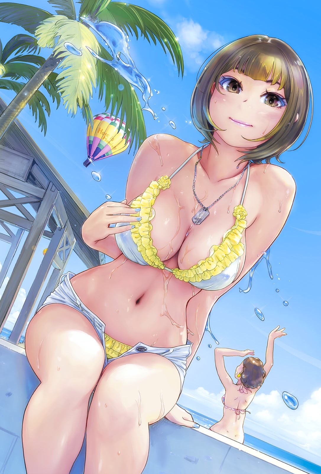 2girls aircraft arms_up bangs bikini blue_nails blue_sky blunt_bangs bob_cut breasts brown_eyes brown_hair carina_(xiaowoo) cleavage closed_mouth commentary_request day denim denim_shorts dog_tags droplet dutch_angle earrings eyeliner frilled_bikini frills hand_on_own_chest highres horizon hot_air_balloon ishikawa_purin jewelry kishi_mieko large_breasts looking_at_viewer makeup micro_shorts multiple_girls nail_polish navel ocean onna_shunin_kishi_mieko open_fly outdoors palm_tree pink_lips short_hair shorts sitting sky smile solo_focus standing swimsuit tree water wet white_bikini white_shorts
