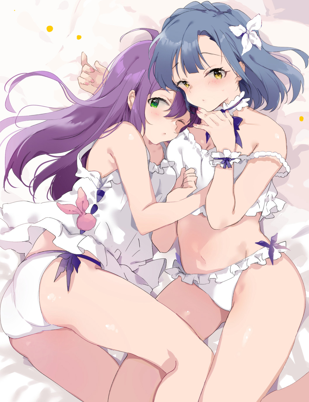 ahoge armband bangs bare_legs bare_shoulders bed_sheet blue_hair blush bow bow_choker breasts choker cleavage clenched_hand closed_mouth commentary_request frilled_armband frilled_choker frilled_panties frilled_shirt frilled_underwear frills green_eyes hair_bow hair_ornament hand_on_another's_chest hand_on_own_chin head_on_head head_tilt highres idolmaster idolmaster_million_live! idolmaster_million_live!_theater_days legs_on_another's_leg lingerie long_hair looking_at_viewer lying medium_breasts medium_hair mochizuki_anna nail nanao_yuriko navel nonoyama one_eye_closed panties parted_bangs parted_lips pink_nails purple_bow purple_hair shirt side-tie_panties underwear white_armband white_bow white_choker white_panties white_shirt yellow_eyes