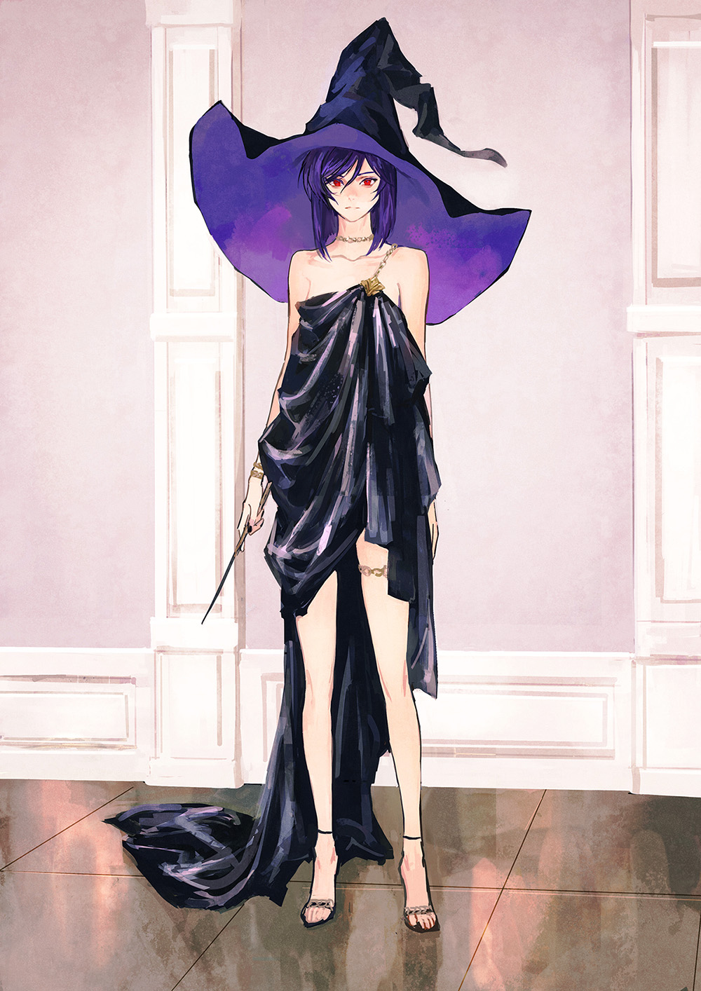 1girl bangs bare_shoulders black_dress black_headwear chain closed_mouth collarbone dress full_body genderswap genderswap_(mtf) gundam gundam_00 hair_between_eyes hat highres holding holding_wand huangdanlan indoors jewelry looking_at_viewer medium_hair off-shoulder_dress off_shoulder purple_hair purple_headwear red_eyes sandals solo standing symbol_commentary tieria_erde two-tone_headwear wand witch witch_hat