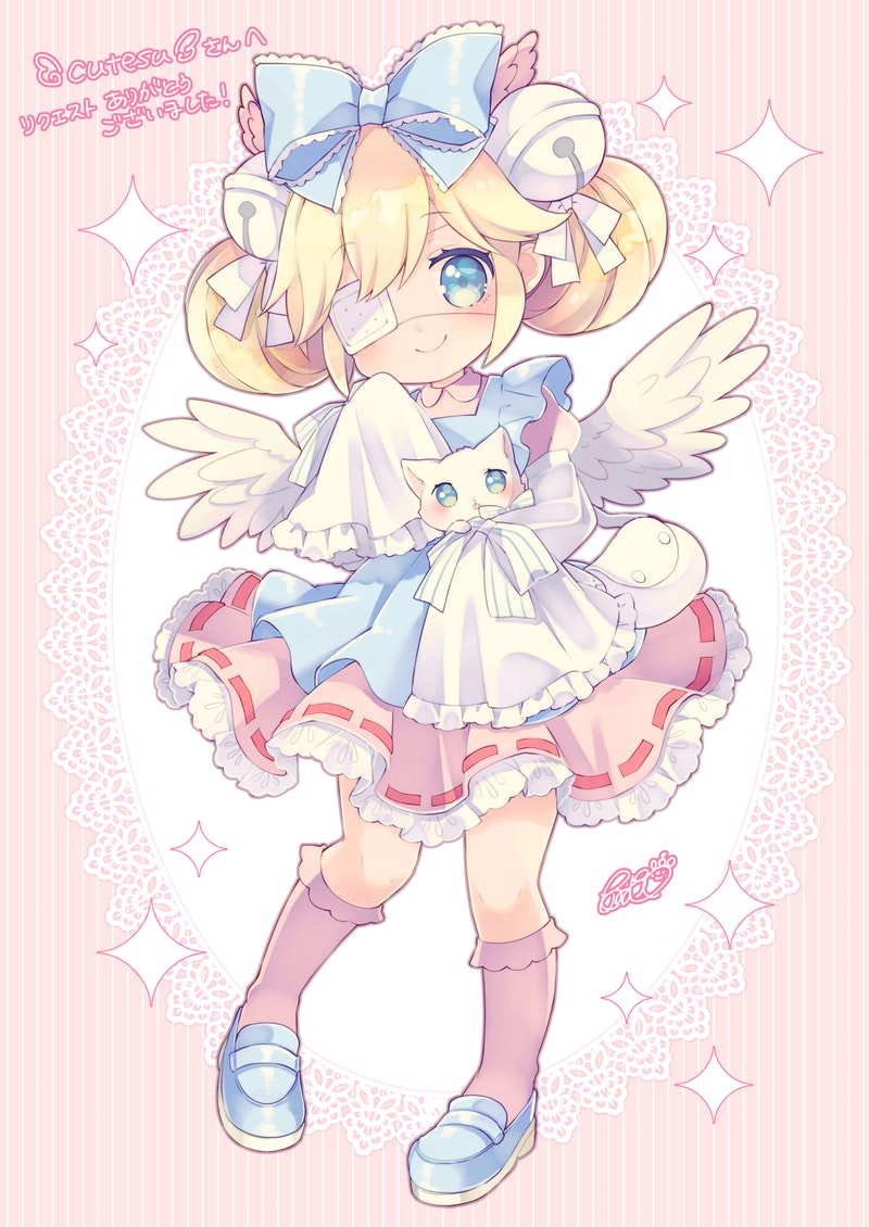1girl animal apron aruya_(flosrota) bag bell blonde_hair blue_apron blue_bow blue_eyes blue_footwear blush bow cat closed_mouth collared_dress commission cutesu_(cutesuu) double_bun dress eyepatch feathered_wings frilled_dress frills full_body hair_bell hair_bow hair_ornament jingle_bell juliet_sleeves kneehighs loafers long_sleeves medical_eyepatch mini_wings original pink_dress pink_legwear puffy_sleeves ribbon-trimmed_dress shoes shoulder_bag skeb_commission sleeves_past_fingers sleeves_past_wrists smile solo sparkle striped striped_background vertical_stripes white_cat white_wings wide_sleeves wings
