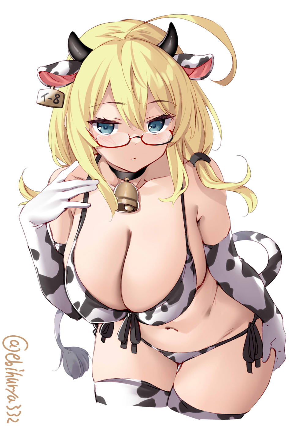 1girl ahoge alternate_costume animal_ears animal_print bell bikini blonde_hair blue_eyes blush breasts cleavage closed_mouth collarbone cow_ears cow_girl cow_print cow_tail cowbell cropped_legs ebifurya elbow_gloves expressionless eyebrows_visible_through_hair front-tie_bikini front-tie_top glasses gloves groin hair_between_eyes hand_on_own_ass highres i-8_(kantai_collection) kantai_collection large_breasts leaning_forward long_hair looking_at_viewer low_twintails navel plump red-framed_eyewear round_eyewear semi-rimless_eyewear side-tie_bikini simple_background solo string_bikini swimsuit tail thighhighs twintails twitter_username under-rim_eyewear white_background white_bikini white_gloves white_legwear