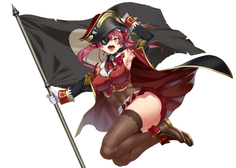 1girl :d armpits ass black_legwear boots breasts coat eyepatch flag gloves hat hololive houshou_marine long_hair mizuryuu_kei navel open_mouth pirate_hat purple_hair red_eyes simple_background smile solo teeth thighhighs tongue twintails virtual_youtuber white_background white_gloves