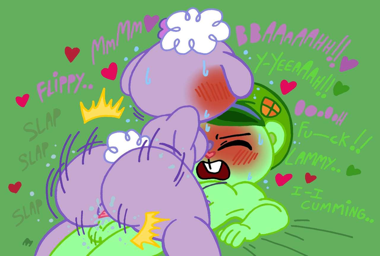 anthro big_butt bodily_fluids bovid butt caprine colored cowgirl_position domestic_sheep duo female flippy flippy_(htf) fur green_body green_fur happy_tree_friends lammy_(htf) lillivilla25 male male/female mammal motion_lines on_bottom on_top portrait purple_body purple_fur sex sheep simple_background sweat text ursid ursine