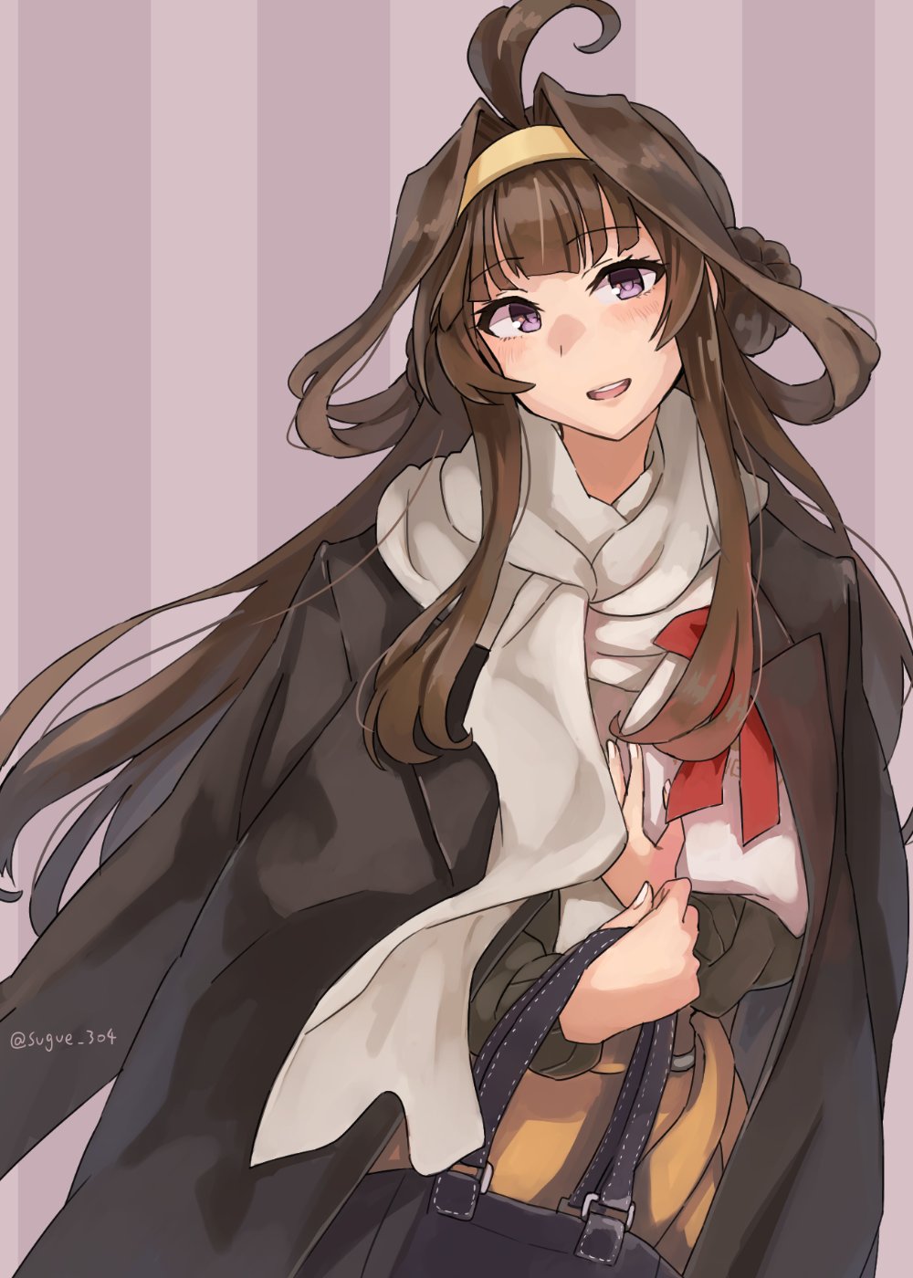 1girl ahoge alternate_costume bag bangs blush brown_hair brown_jacket double_bun eyebrows_visible_through_hair hairband highres holding holding_bag jacket kantai_collection kongou_(kantai_collection) long_hair long_sleeves open_mouth purple_background purple_eyes scarf sidelocks simple_background solo striped striped_background sugue_tettou twitter_username white_scarf