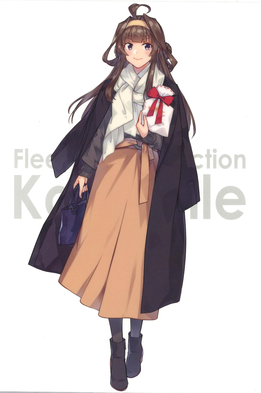 1girl ahoge bag beige_skirt black_coat breasts brown_eyes brown_hair coat coat_on_shoulders double_bun full_body hairband handbag highres kantai_collection kongou_(kantai_collection) konishi_(koconatu) long_hair long_skirt looking_at_viewer official_alternate_costume official_art orange_skirt package scan scarf skirt smile solo sweater third-party_source white_background white_scarf white_sweater