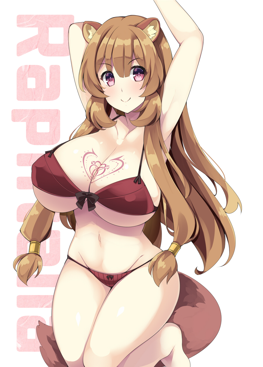 1girl akikaze_tsumuji animal_ears breasts brown_hair character_name chest_tattoo eyebrows_visible_through_hair highres large_breasts looking_at_viewer pink_eyes raccoon_ears raccoon_tail raphtalia shiny shiny_hair simple_background solo tail tate_no_yuusha_no_nariagari tattoo white_background