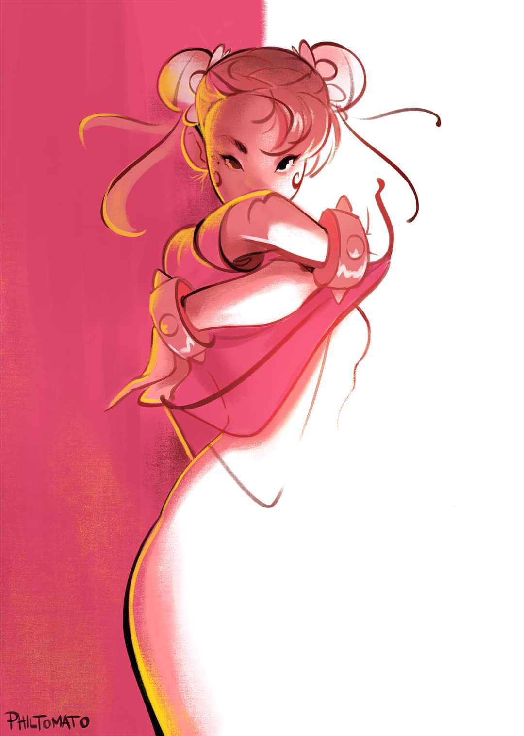 1girl bracelet bun_cover chun-li covered_mouth double_bun english_commentary highres jewelry lifted_by_self limited_palette looking_at_viewer overexposure philip_bawasanta pink_theme signature solo spiked_bracelet spikes street_fighter