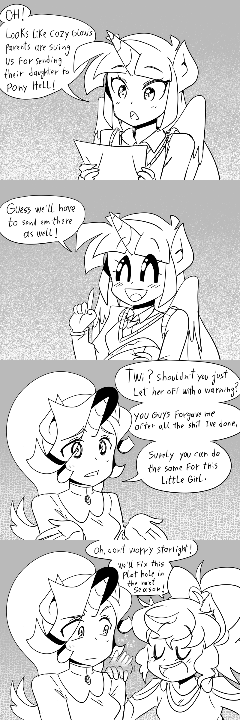 1:3 absurd_res anthro anthrofied clothing comic dialogue english_text equid equine female friendship_is_magic hasbro hi_res horn horse mammal monochrome my_little_pony pinkie_pie_(mlp) pony profanity starlight_glimmer_(mlp) text thegreatrouge twilight_sparkle_(mlp) unicorn winged_unicorn wings