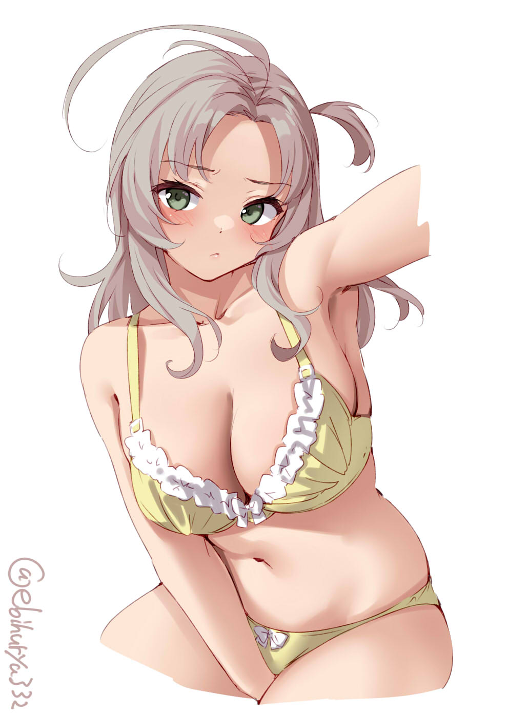 1girl :&lt; antenna_hair between_legs blush bra breasts ebifurya embarrassed eyebrows_visible_through_hair green_eyes grey_hair hair_between_eyes highres kantai_collection kinugasa_(kantai_collection) lips looking_at_viewer medium_breasts navel one_side_up panties remodel_(kantai_collection) simple_background solo twitter_username underwear white_background yellow_bra yellow_panties