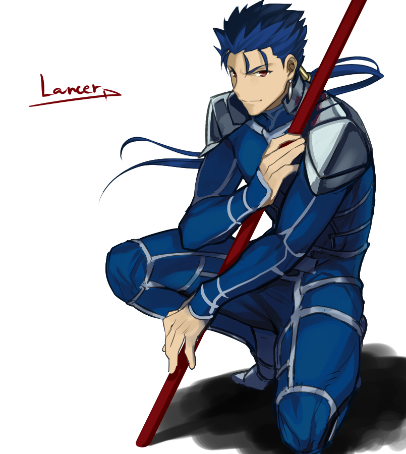 1boy armor beads blue_hair bodysuit closed_mouth cu_chulainn_(fate)_(all) earrings fate/stay_night fate_(series) floating_hair gae_bolg grin hair_beads hair_ornament holding holding_polearm holding_weapon jam8686 jewelry lancer long_hair male_focus pauldrons polearm ponytail red_eyes shoulder_armor simple_background skin_tight smile solo spiked_hair squatting type-moon weapon white_background