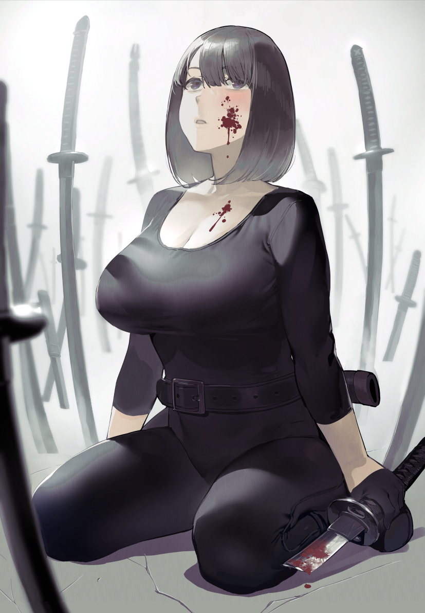 1girl bangs belt black_belt black_gloves black_hair black_pants black_shirt blood blood_on_chest blood_on_face bloody_weapon breasts broken broken_sword broken_weapon cleavage gloves grey_eyes hair_between_eyes half_gloves holding holding_sword holding_weapon ikuchan_kaoru large_breasts looking_up medium_hair original pants planted_sword planted_weapon sheath shirt sitting sword weapon