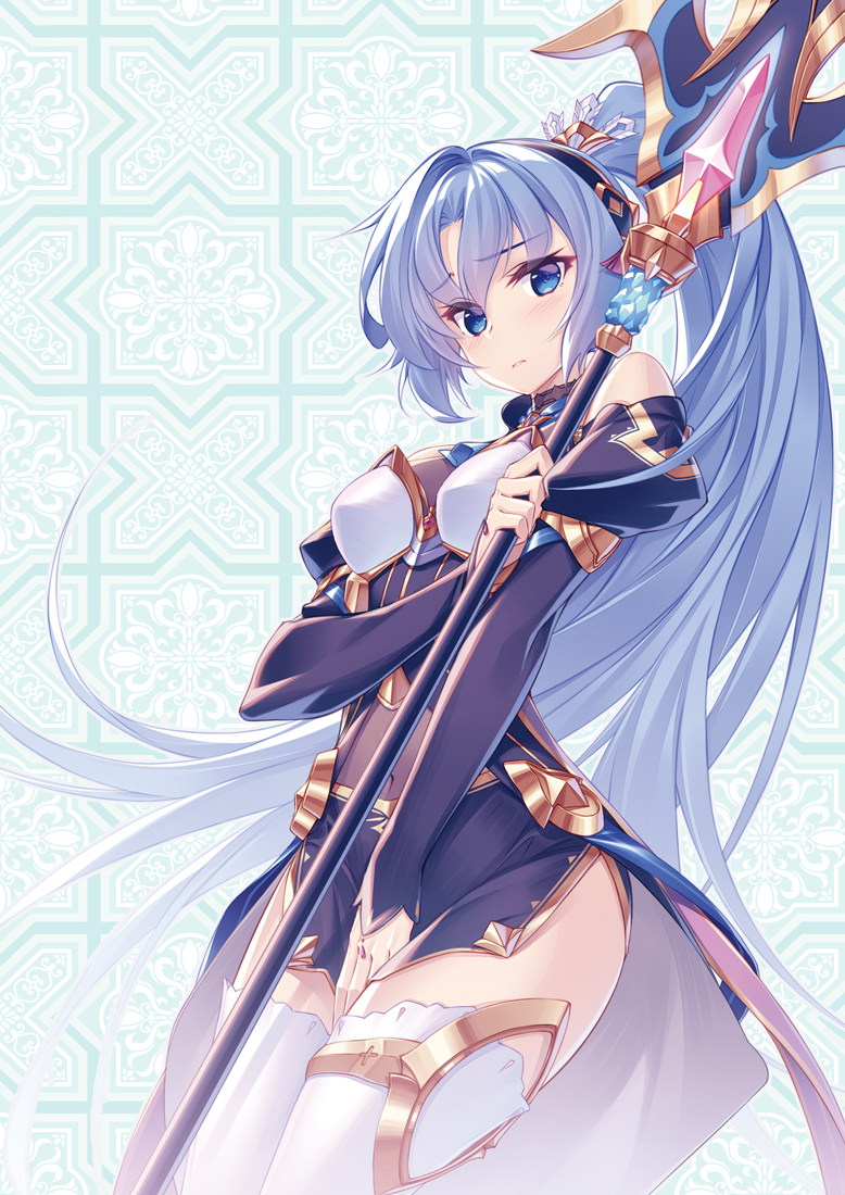 1girl armor bare_shoulders between_legs blue_eyes blue_hair blush breastplate breasts covered_navel cowboy_shot detexted frown hand_between_legs high_ponytail juliet_sleeves large_breasts long_hair long_sleeves ludmila_lourie madan_no_ou_to_michelia medium_breasts midriff miniskirt miyatsuki_itsuka navel official_art polearm puffy_sleeves sidelocks skirt solo thighhighs third-party_edit very_long_hair weapon white_legwear
