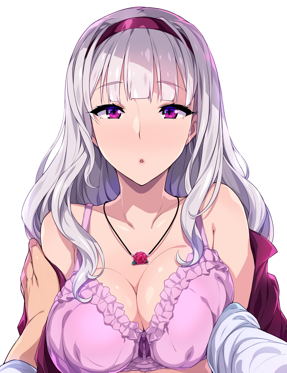 1boy 1girl bangs bare_shoulders blunt_bangs bra breasts cleavage collarbone commentary_request eyebrows_visible_through_hair frilled_bra frills hairband hand_on_another's_arm hidebou highres idolmaster idolmaster_(classic) jewelry large_breasts long_hair looking_at_viewer necklace off_shoulder open_clothes open_shirt parted_lips pendant pink_bra pink_hairband pink_shirt pov pov_hands purple_eyes shijou_takane shirt sidelocks silver_hair simple_background solo_focus underwear undressing_another upper_body white_background
