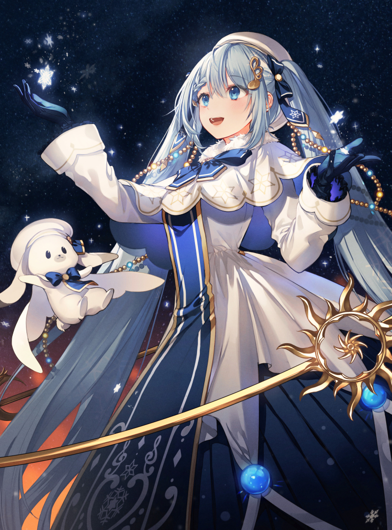 1girl 1other bass_clef beret blue_bow blue_eyes blue_gloves blue_neckwear blue_tabard bow braid bunny capelet christmas_lights commentary dress english_commentary floating fur-trimmed_capelet fur_trim gloves glowing gold_trim hair_bow hair_ornament hands_up hat hatsune_miku kh_(kh_1128) light_blue_hair long_hair musical_note_hair_ornament night night_sky open_mouth rabbit_yukine sky smile snowflake_print snowflakes staff star_(sky) starry_sky tabard treble_clef twintails very_long_hair vocaloid white_capelet white_dress white_headwear yuki_miku yuki_miku_(2021)