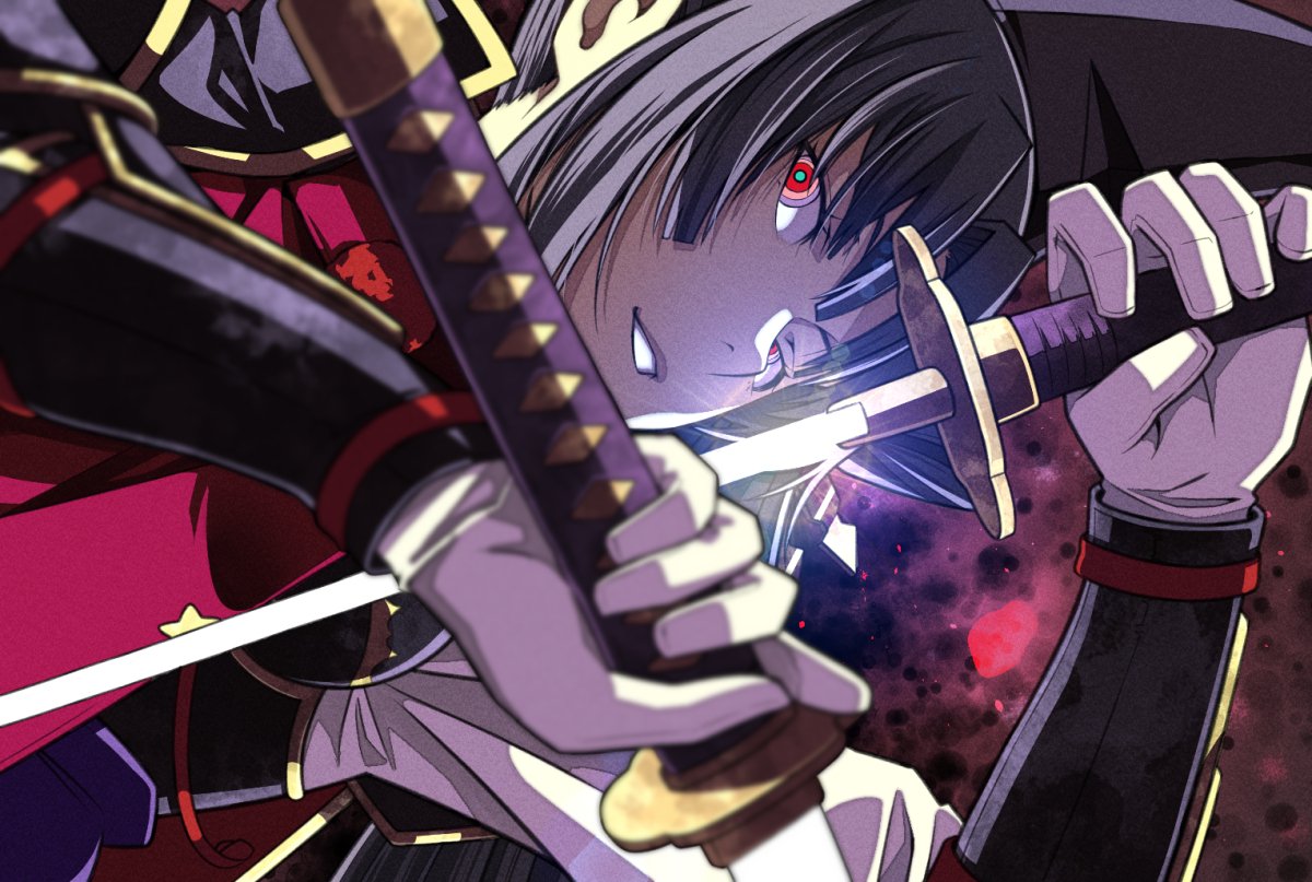 1girl black_hair blurry_foreground dual_wielding fate/grand_order fate_(series) gloves glowing glowing_weapon holding katana multicolored multicolored_eyes sword tsukumo ushiwakamaru_(avenger)_(fate) weapon white_gloves