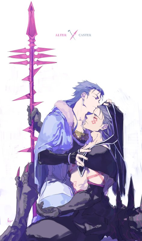 2boys black_gloves black_pants blue_hair bodypaint bracelet capelet closed_eyes closed_mouth cu_chulainn_(fate)_(all) cu_chulainn_(fate/grand_order) cu_chulainn_alter_(fate/grand_order) dark_persona earrings elbow_gloves facepaint fate/grand_order fate_(series) fur-trimmed_hood fur_trim gae_bolg gloves holding holding_polearm holding_weapon hood hood_down hood_up hooded_capelet iz_izhara jewelry long_hair male_focus multiple_boys multiple_persona muscular pants polearm shirtless simple_background sitting sitting_on_lap sitting_on_person skin_tight spiked_hair spikes tail type-moon weapon yaoi
