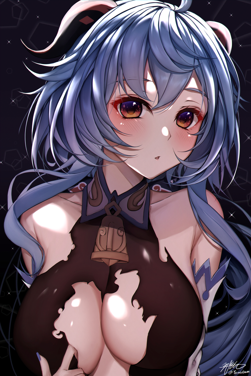 1girl :o ahoge bare_shoulders bell blue_hair blush bodysuit breasts center_opening cowbell detached_sleeves fingernails ganyu_(genshin_impact) genshin_impact goat_horns highres horns large_breasts long_sleeves looking_at_viewer open_mouth torn_bodysuit torn_clothes upper_body yeooudam