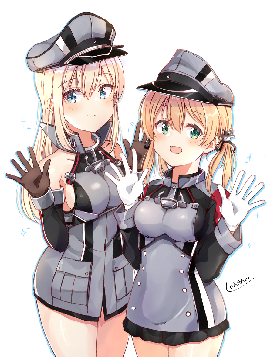 2girls armor bismarck_(kantai_collection) blonde_hair blue_eyes blush breasts closed_mouth coat collarbone covered_collarbone cowboy_shot double-breasted drop_shadow eyebrows_visible_through_hair gloves green_eyes hair_between_eyes halterneck hands_up hat kantai_collection long_hair looking_at_viewer medium_breasts multiple_girls open_hands open_mouth palms prinz_eugen_(kantai_collection) shiitake_taishi short_twintails sideboob signature simple_background skirt smile sparkle thighhighs twintails waving white_background