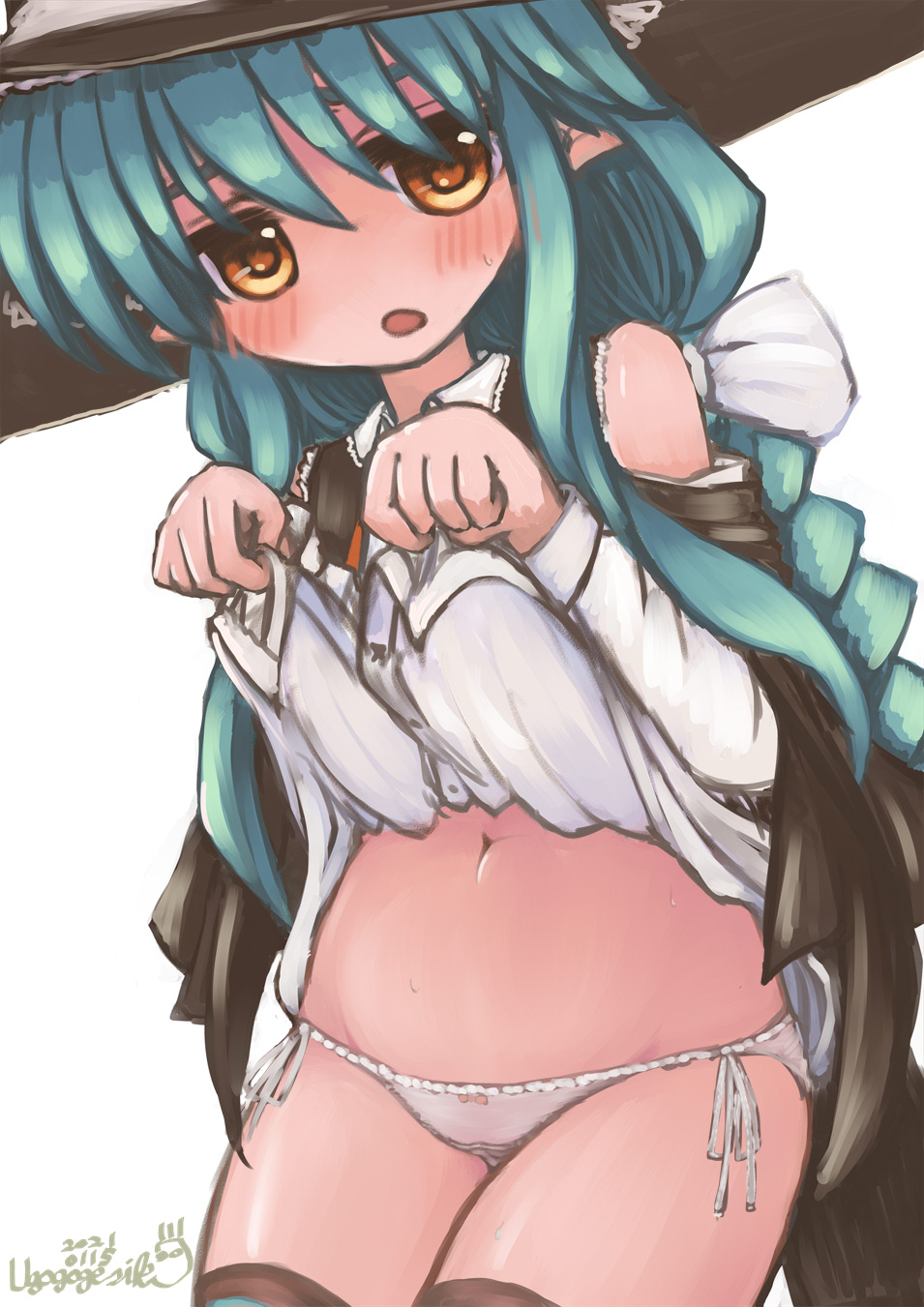 1girl aqua_hair artist_name bangs bare_shoulders black_headwear black_vest blush bow bow_panties braid clothing_cutout collared_shirt commentary_request cowboy_shot dated embarrassed hair_ribbon hands_up hat have_to_pee highres lifted_by_self long_hair long_sleeves looking_at_viewer navel orange_eyes original panties pointy_ears ribbon shiny shiny_hair shiny_skin shirt shirt_lift shoulder_cutout side-tie_panties sidelocks signature simple_background solo standing stomach sweat thighhighs thighs tied_hair ugogogesik underwear vest white_background white_panties white_ribbon white_shirt witch witch_hat